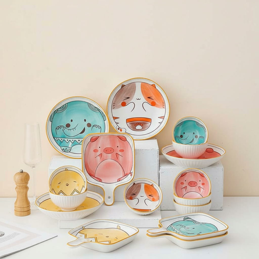 Hom & Ember – Hand-painted Ceramic Bowl with Animal Cartoon Design