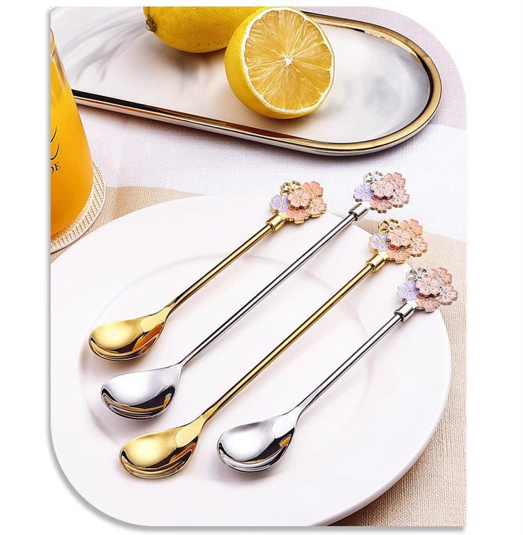Hom & Ember – 2 - Piece Cherry Blossom Stainless Steel Coffee & Dessert Spoon Set for a Touch of Elegance - Hom & Ember