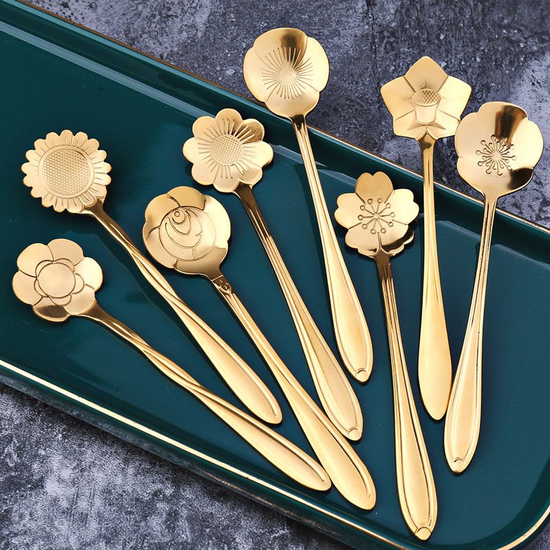 Hom & Ember – 8 - Piece Stainless Steel Floral Teaspoon Set for an Elegant Tea Experience - Hom & Ember