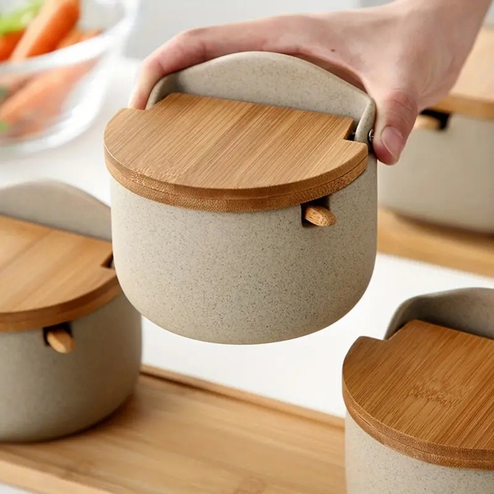 Hom & Ember – Ceramic and Bamboo Spice Jar Set for an Elegant Kitchen - Hom & Ember