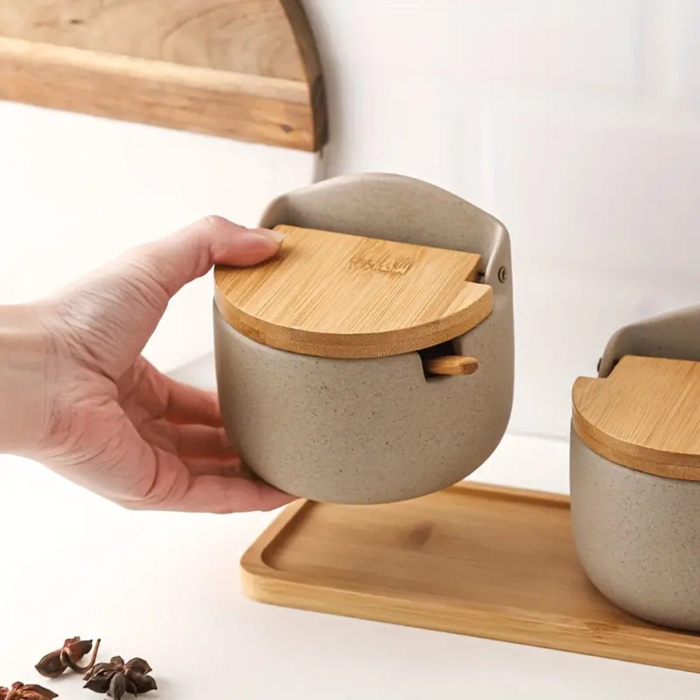 Hom & Ember – Ceramic and Bamboo Spice Jar Set for an Elegant Kitchen - Hom & Ember