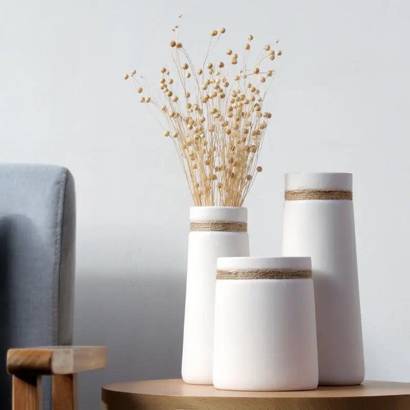 Hom & Ember – Contemporary White Vase with Hemp - Hom & Ember