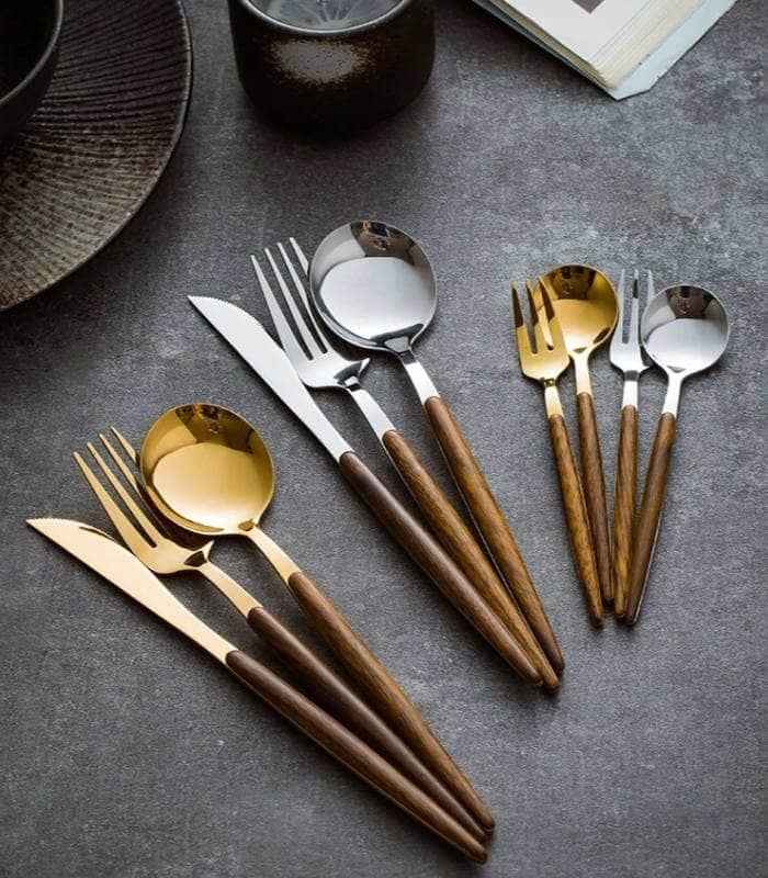 Hom & Ember – Elegant 30 - Piece Stainless Steel Cutlery Set with Wooden Accents for a Refined Dining Experience - Hom & Ember