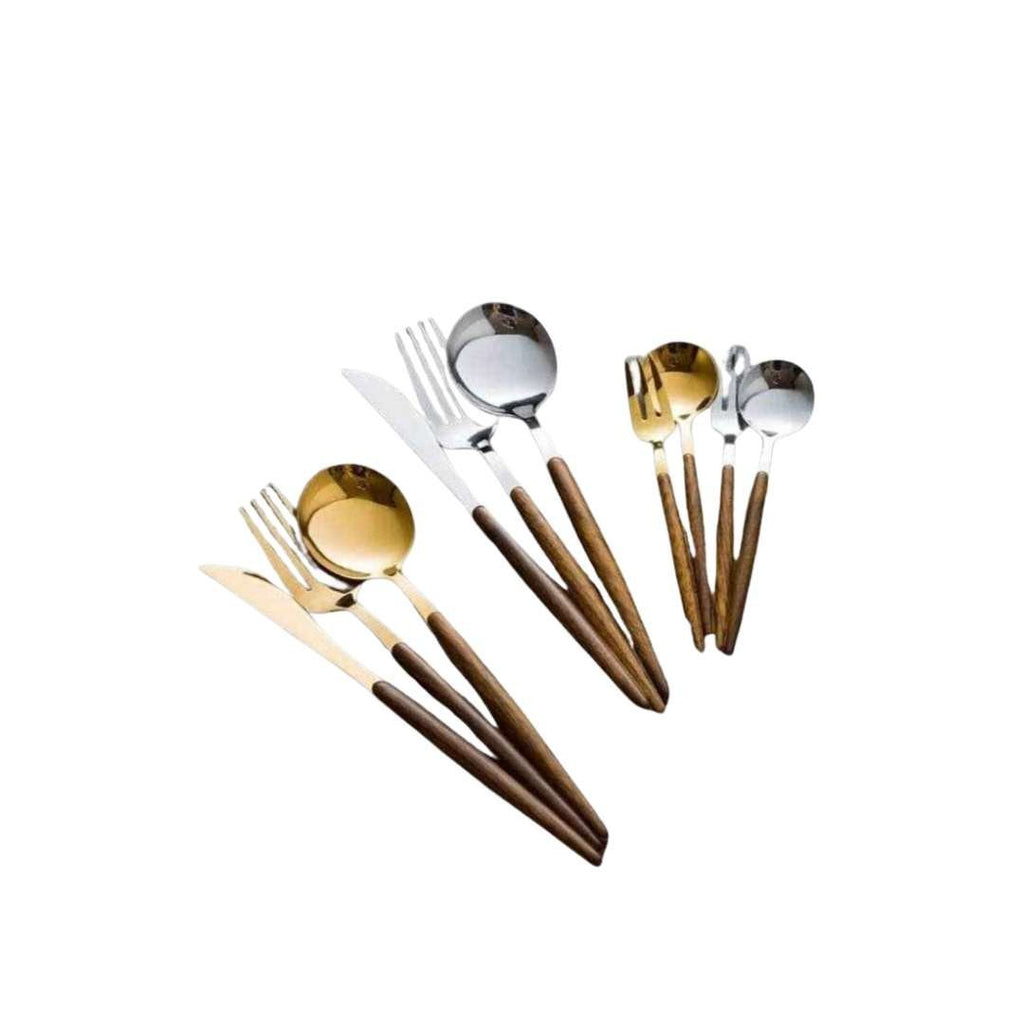 Hom & Ember – Elegant 30 - Piece Stainless Steel Cutlery Set with Wooden Accents for a Refined Dining Experience - Hom & Ember