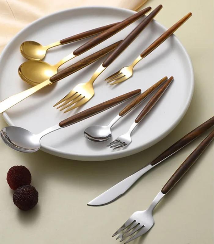 Hom & Ember – Elegant 30 - Piece Stainless Steel Cutlery Set with Wooden Accents for a Refined Dining Experience - Hom & Ember