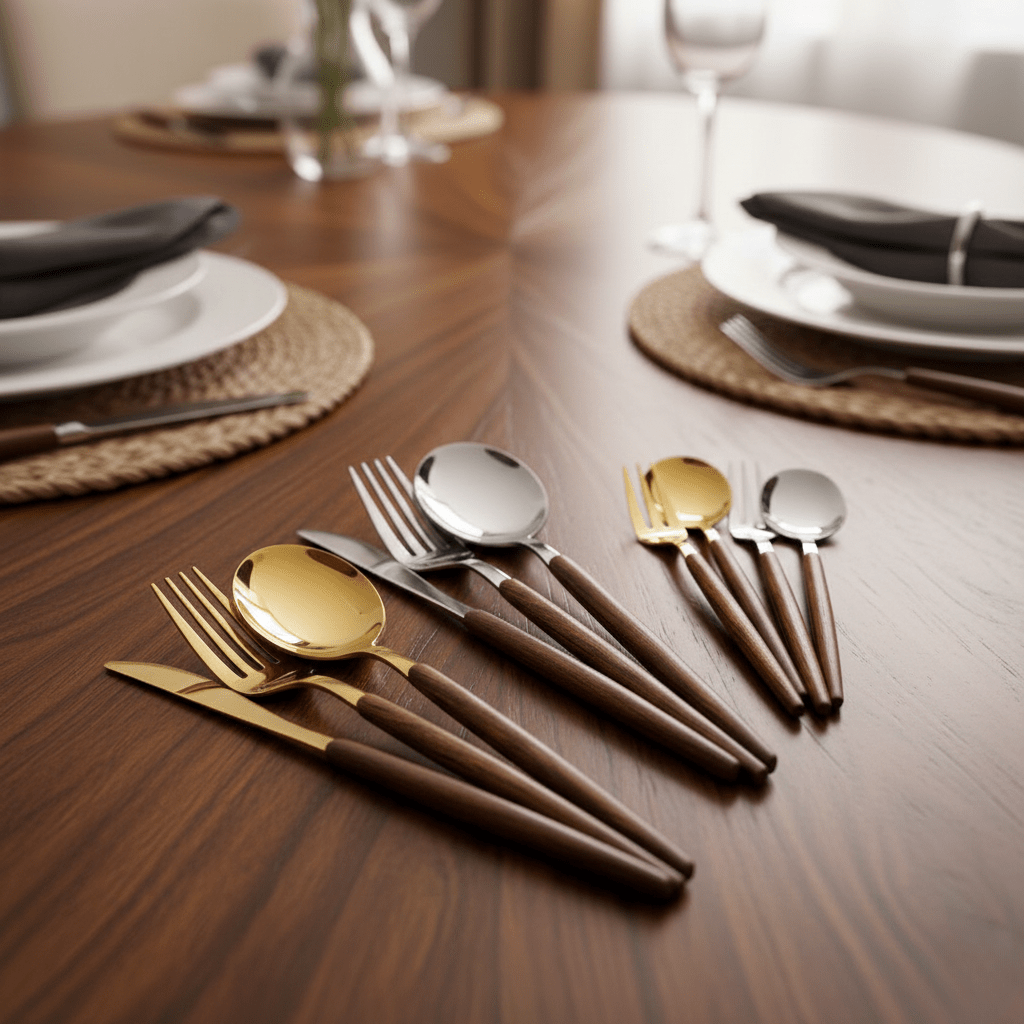 Hom & Ember – Elegant 30 - Piece Stainless Steel Cutlery Set with Wooden Accents for a Refined Dining Experience - Hom & Ember