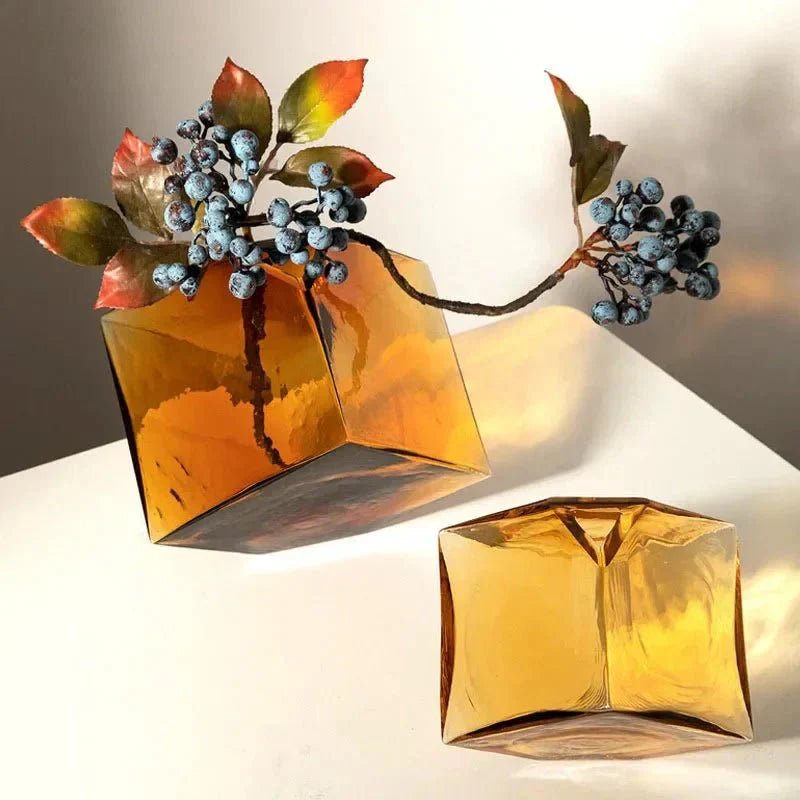 Hom & Ember – Elegant Amber Glass Cube Vase for Stylish Interiors, Infusing Warmth and Sophistication - Hom & Ember
