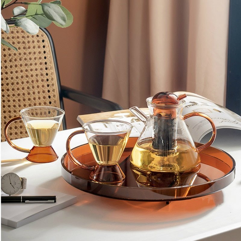 Hom & Ember – Elegant Amber Glass Teapot Set with Tray for a Serene Ambiance - Hom & Ember