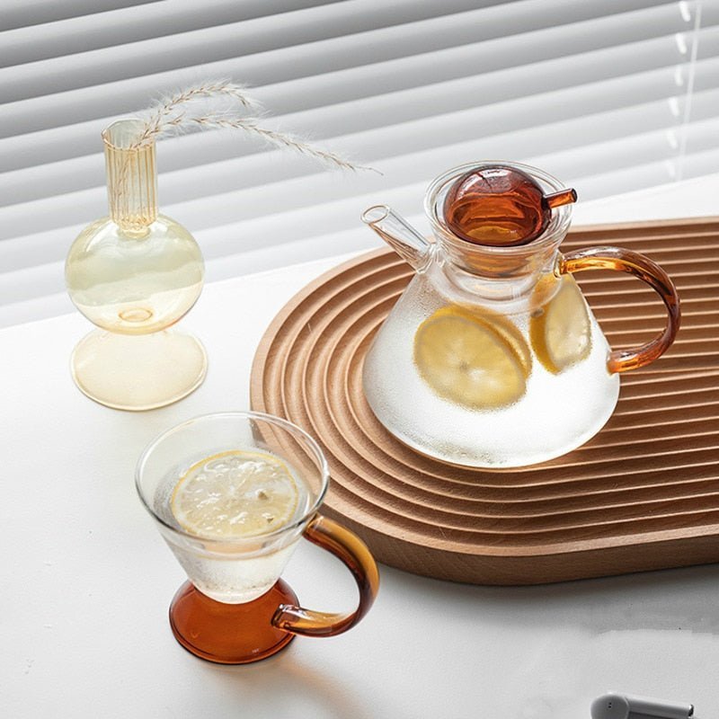 Hom & Ember – Elegant Amber Glass Teapot Set with Tray for a Serene Ambiance - Hom & Ember