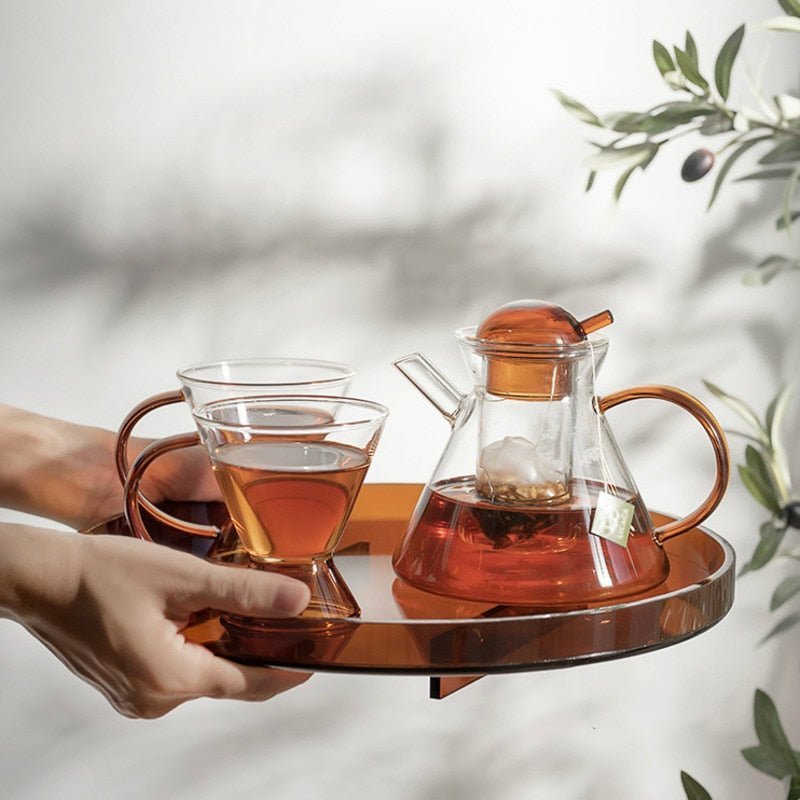 Hom & Ember – Elegant Amber Glass Teapot Set with Tray for a Serene Ambiance - Hom & Ember