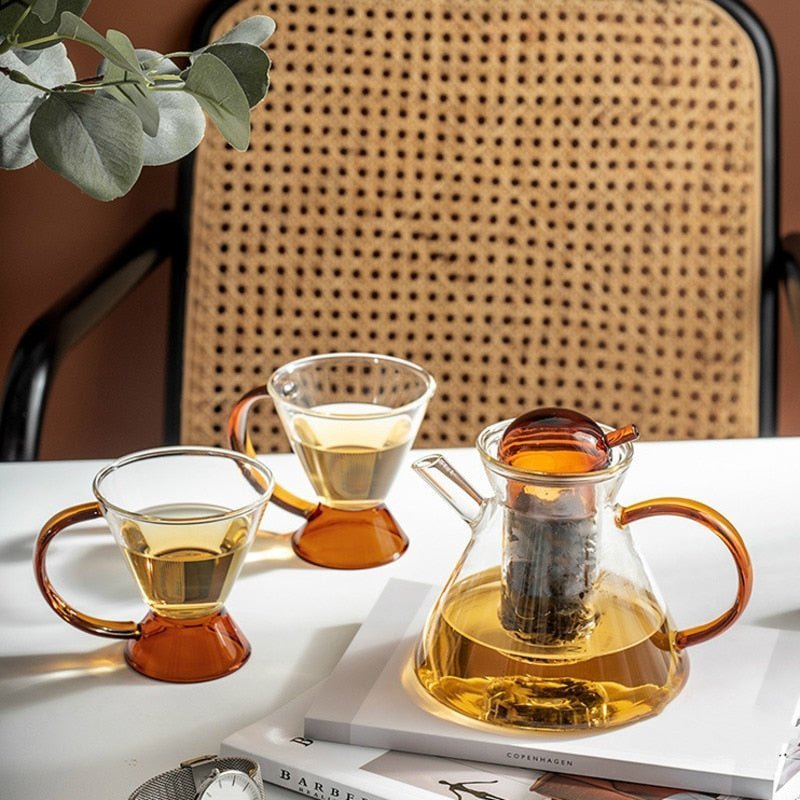 Hom & Ember – Elegant Amber Glass Teapot Set with Tray for a Serene Ambiance - Hom & Ember