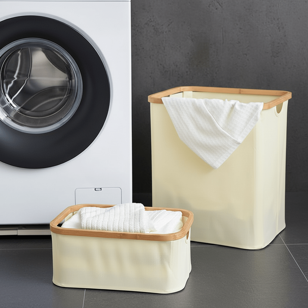 Hom & Ember – Elegant Foldable Ecru Fabric and Bamboo Laundry Basket for a Chic and Organised Spaces - Hom & Ember