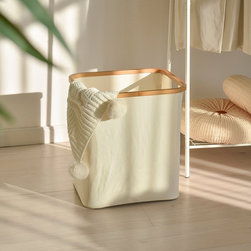 Hom & Ember – Elegant Foldable Ecru Fabric and Bamboo Laundry Basket for a Chic and Organised Spaces - Hom & Ember