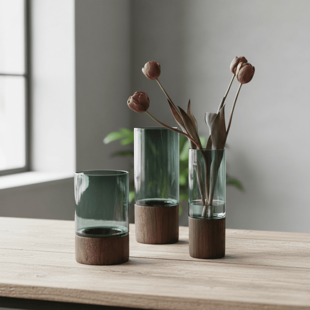 Hom & Ember – Elegant Glass and Wood Flower Vase for a Timeless Design with Rustic Charm - Hom & Ember
