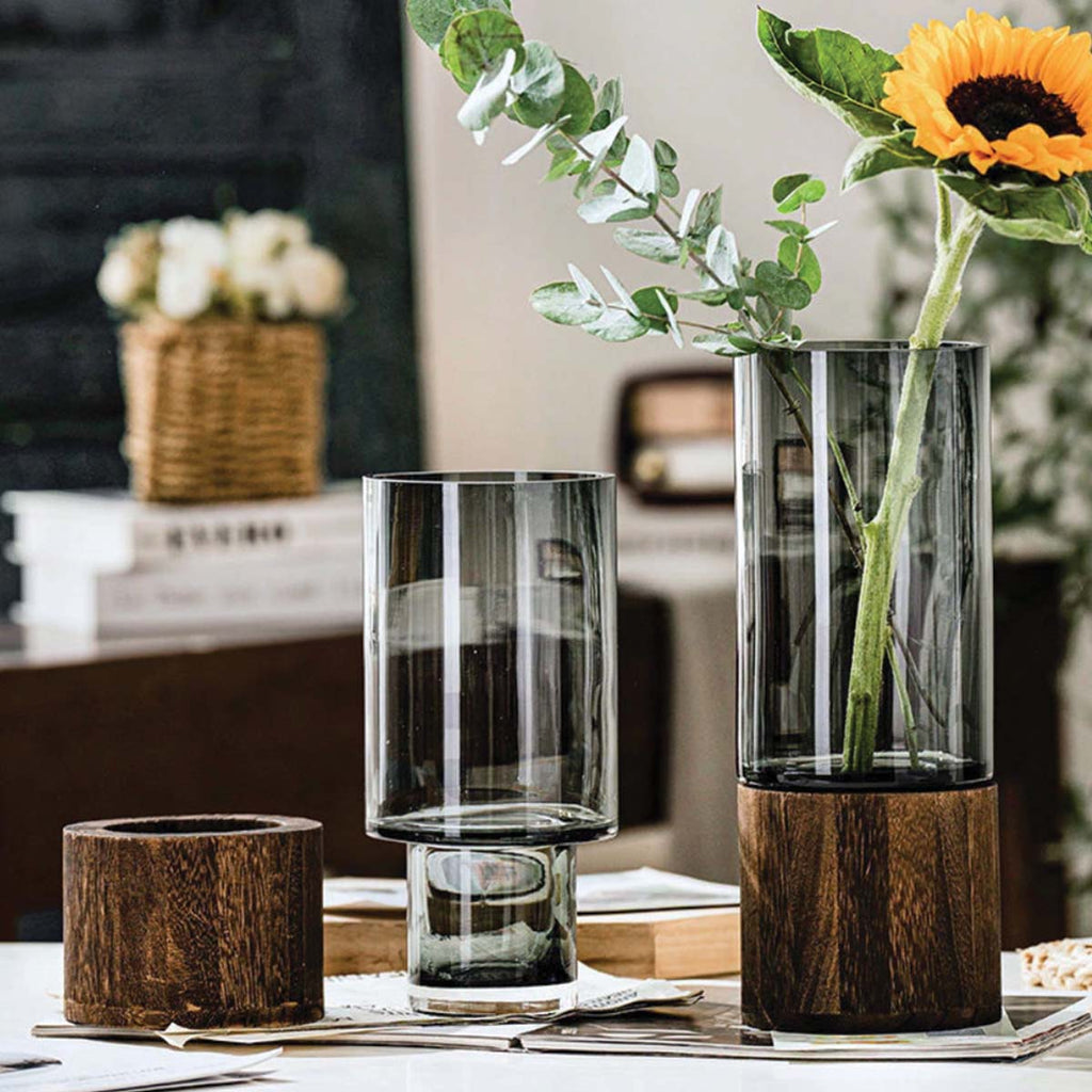 Hom & Ember – Elegant Glass and Wood Flower Vase for a Timeless Design with Rustic Charm - Hom & Ember