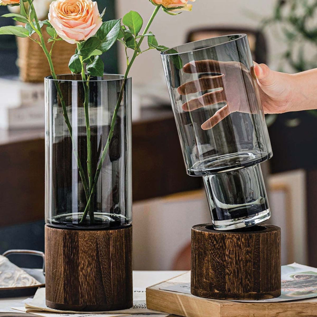 Hom & Ember – Elegant Glass and Wood Flower Vase for a Timeless Design with Rustic Charm - Hom & Ember