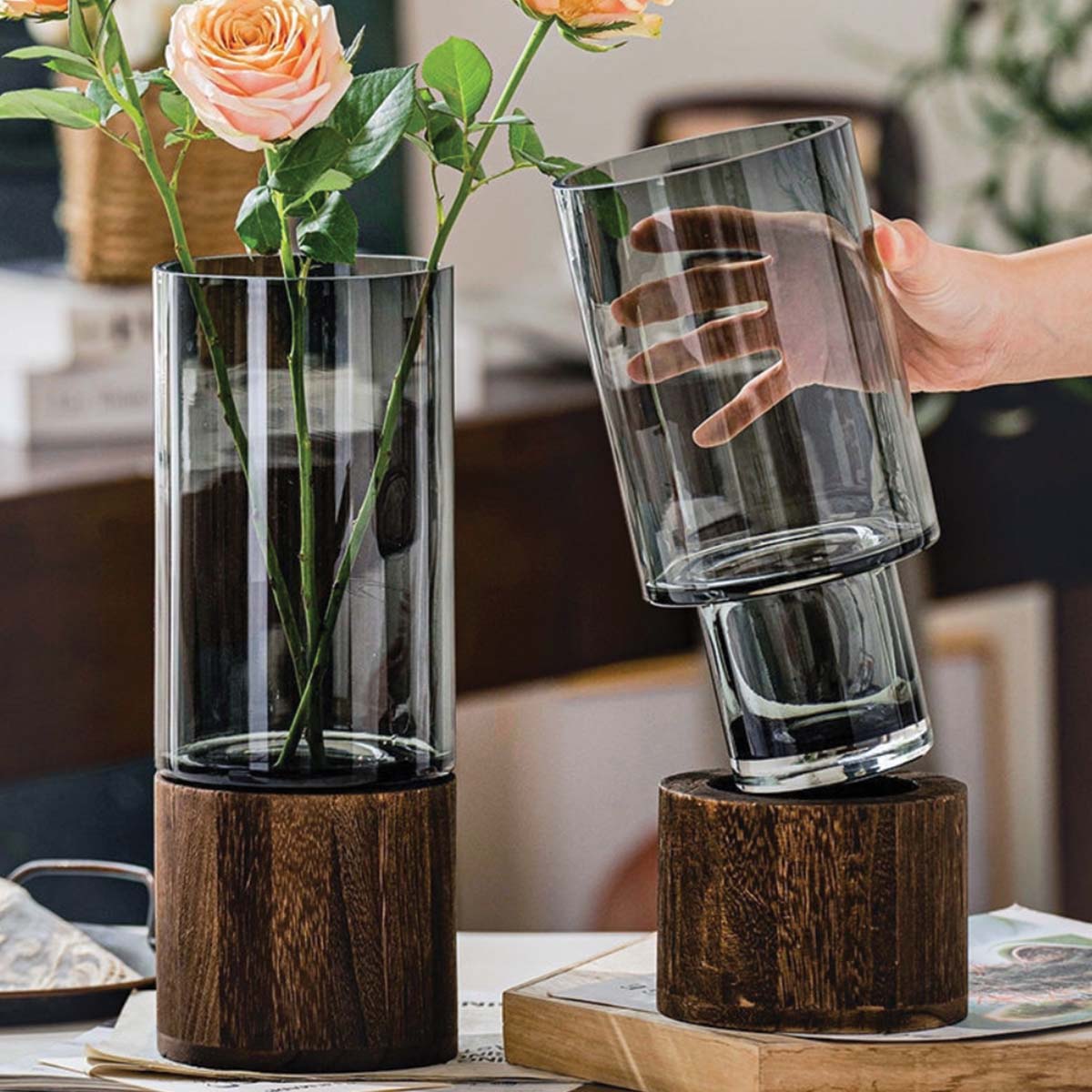 Hom & Ember – Elegant Glass and Wood Flower Vase for a Timeless Design with Rustic Charm - Hom & Ember