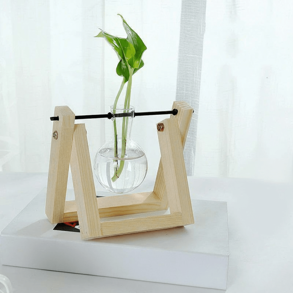 Hom & Ember – Elegant Glass Propagation Vase with Stylish Wooden A - Frame Stand for a Serene Ambiance - Hom & Ember