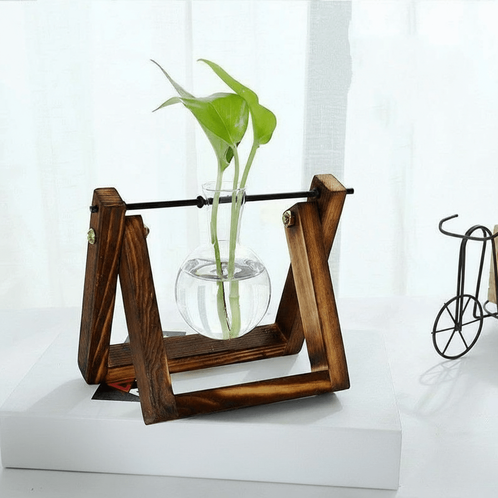 Hom & Ember – Elegant Glass Propagation Vase with Stylish Wooden A - Frame Stand for a Serene Ambiance - Hom & Ember