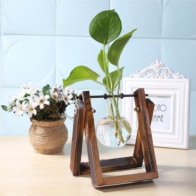 Hom & Ember – Elegant Glass Propagation Vase with Stylish Wooden A - Frame Stand for a Serene Ambiance - Hom & Ember