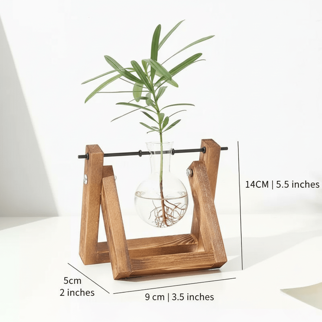 Hom & Ember – Elegant Glass Propagation Vase with Stylish Wooden A - Frame Stand for a Serene Ambiance - Hom & Ember