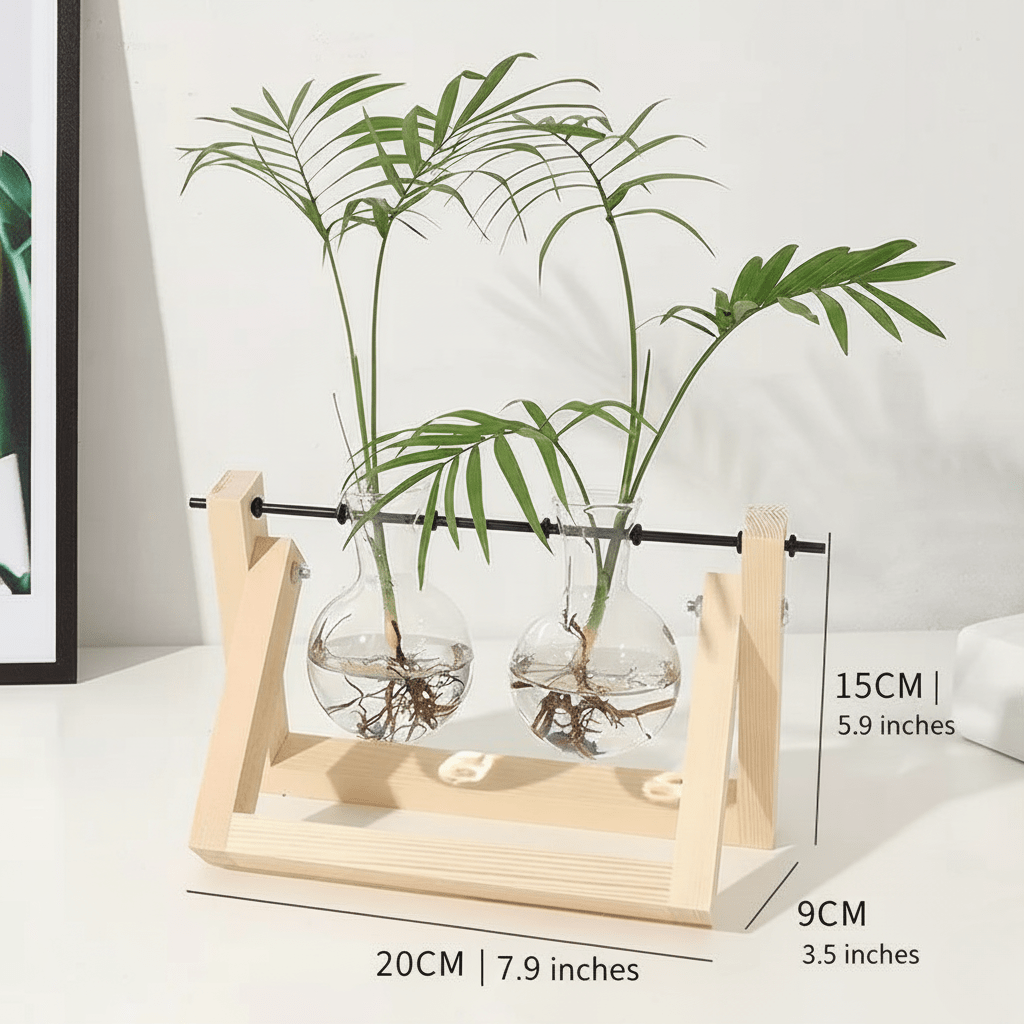 Hom & Ember – Elegant Glass Propagation Vase with Stylish Wooden A - Frame Stand for a Serene Ambiance - Hom & Ember