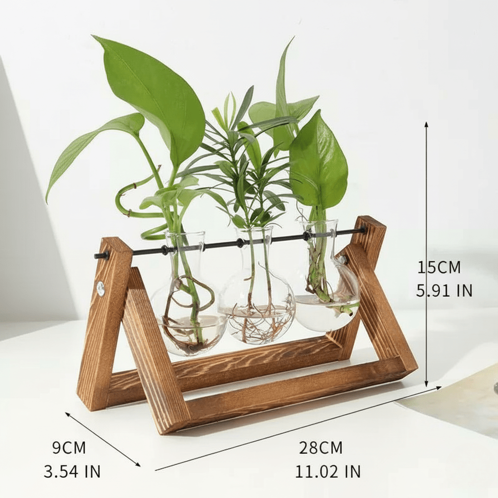 Hom & Ember – Elegant Glass Propagation Vase with Stylish Wooden A - Frame Stand for a Serene Ambiance - Hom & Ember
