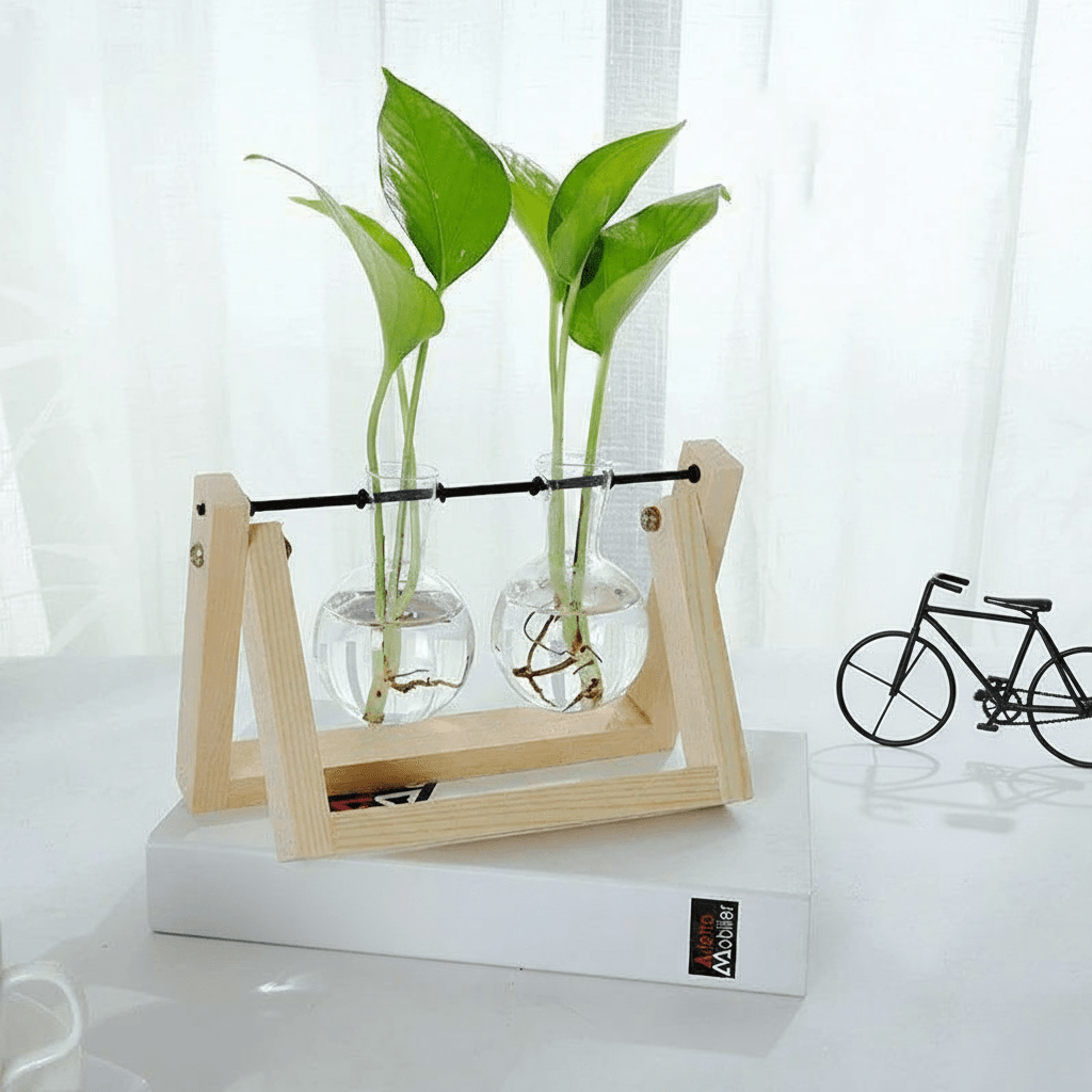 Hom & Ember – Elegant Glass Propagation Vase with Stylish Wooden A - Frame Stand for a Serene Ambiance - Hom & Ember