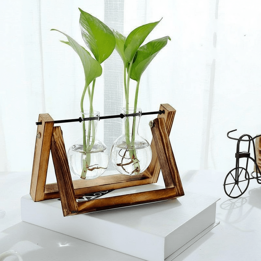 Hom & Ember – Elegant Glass Propagation Vase with Stylish Wooden A - Frame Stand for a Serene Ambiance - Hom & Ember