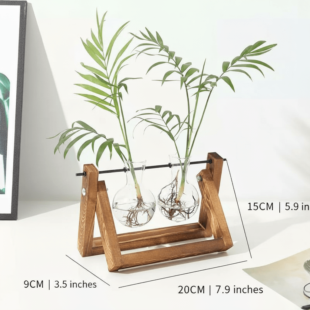 Hom & Ember – Elegant Glass Propagation Vase with Stylish Wooden A - Frame Stand for a Serene Ambiance - Hom & Ember