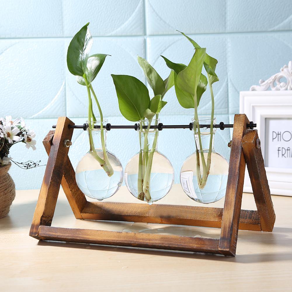 Hom & Ember – Elegant Glass Propagation Vase with Stylish Wooden A - Frame Stand for a Serene Ambiance - Hom & Ember