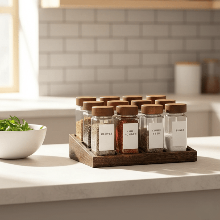 Hom & Ember – Elegant Glass Spice Jars for Organised Culinary Spaces with Timeless Charm - Hom & Ember