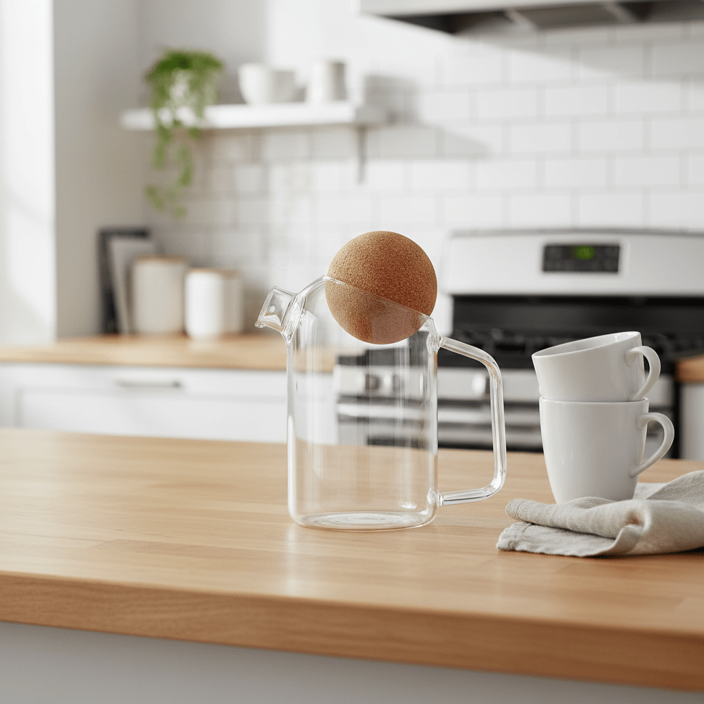 Hom & Ember – Elegant Glass Teapot with Round Natural Cork Lid for a Sophisticated Atmosphere - Hom & Ember