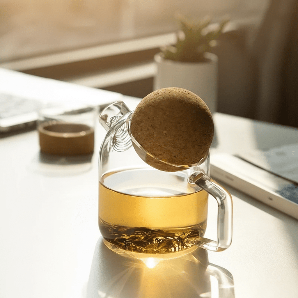 Hom & Ember – Elegant Glass Teapot with Round Natural Cork Lid for a Sophisticated Atmosphere - Hom & Ember