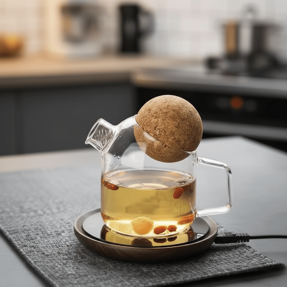 Hom & Ember – Elegant Glass Teapot with Round Natural Cork Lid for a Sophisticated Atmosphere - Hom & Ember