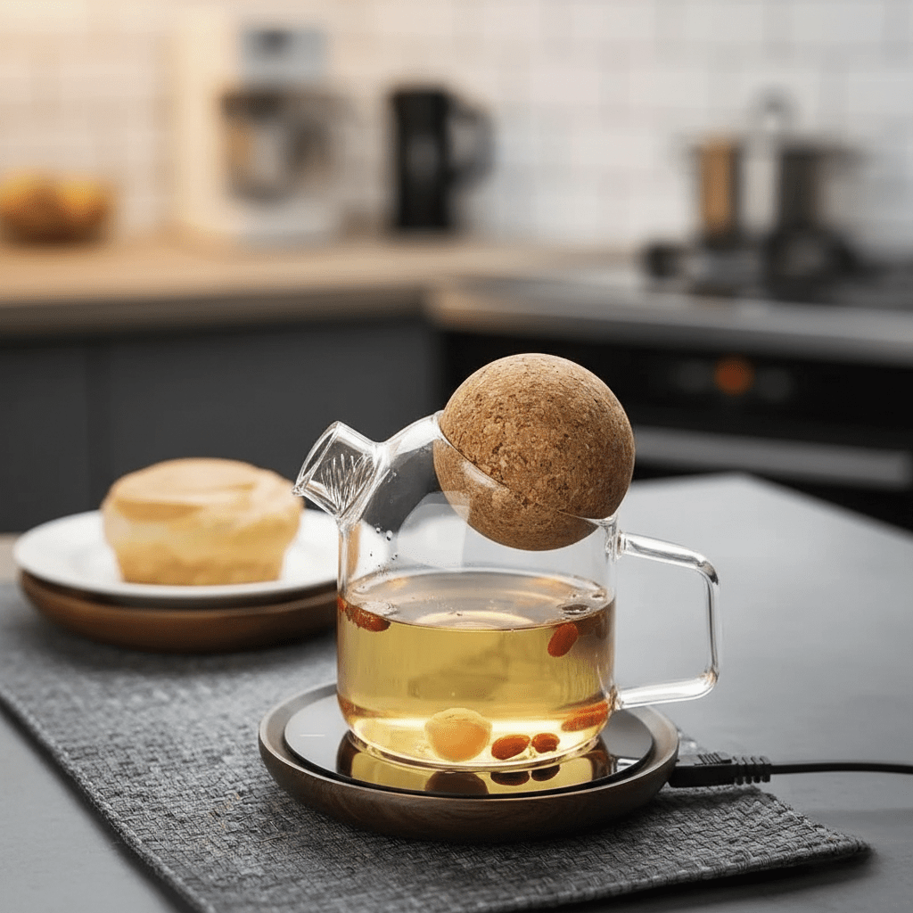Hom & Ember – Elegant Glass Teapot with Round Natural Cork Lid for a Sophisticated Atmosphere - Hom & Ember