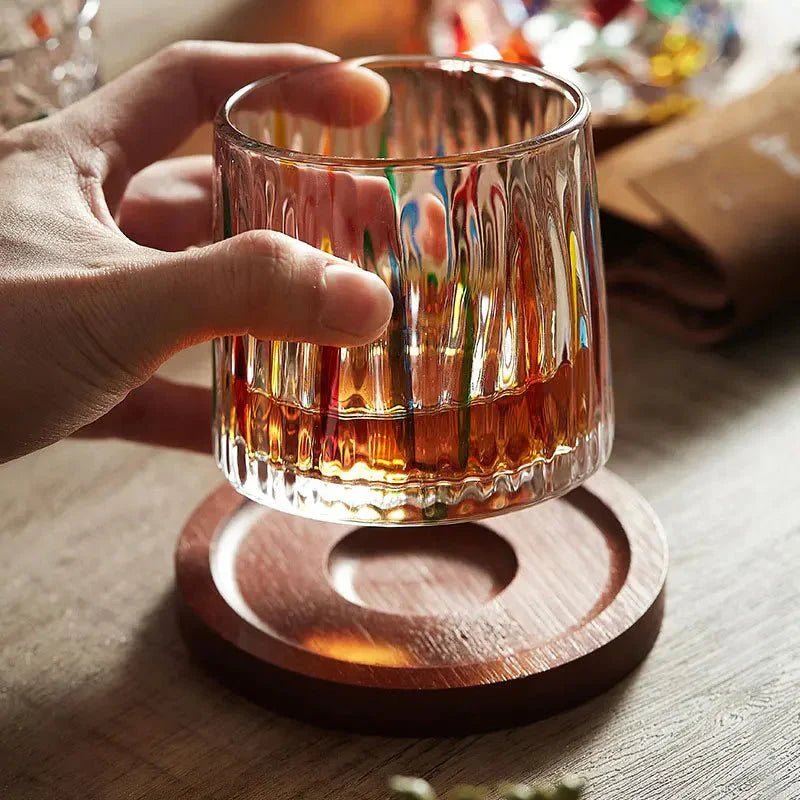 Hom & Ember – Elegant Ivy Crystal Whisky Glasses with Chic Wooden Coasters for a Serene Ambiance - Hom & Ember