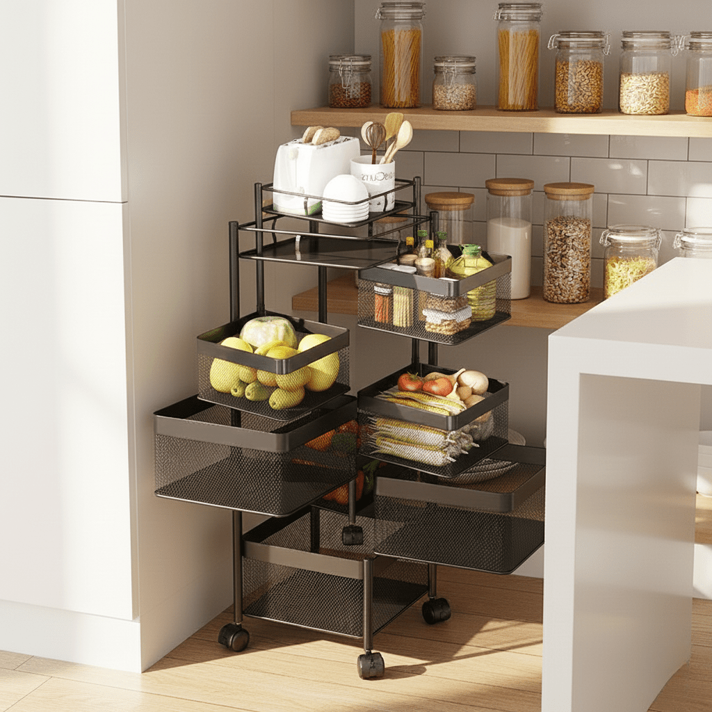 Hom & Ember – Elegant Metal Smart Rotating Storage Shelf for Organised Kitchen with Timeless Charm - Hom & Ember