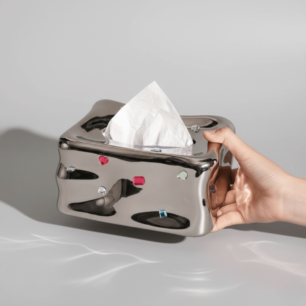 Hom & Ember – Elegant Porcelain Facial Tissue Holder with Gemstone Accent for Chic Bathroom Interiors - Hom & Ember