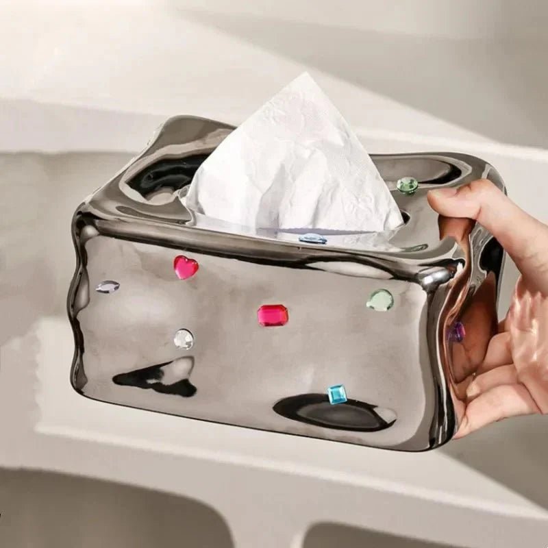 Hom & Ember – Elegant Porcelain Facial Tissue Holder with Gemstone Accent for Chic Bathroom Interiors - Hom & Ember