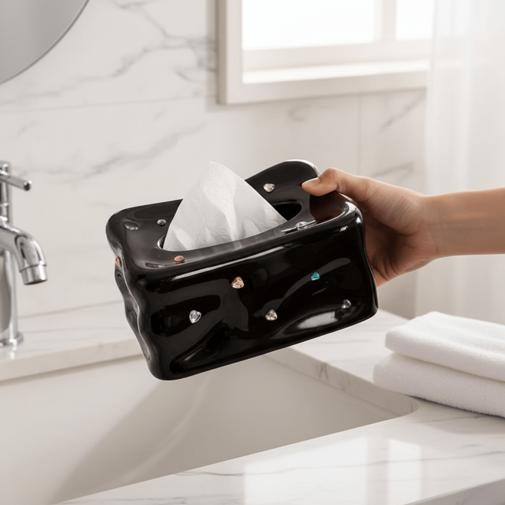 Hom & Ember – Elegant Porcelain Facial Tissue Holder with Gemstone Accent for Chic Bathroom Interiors - Hom & Ember