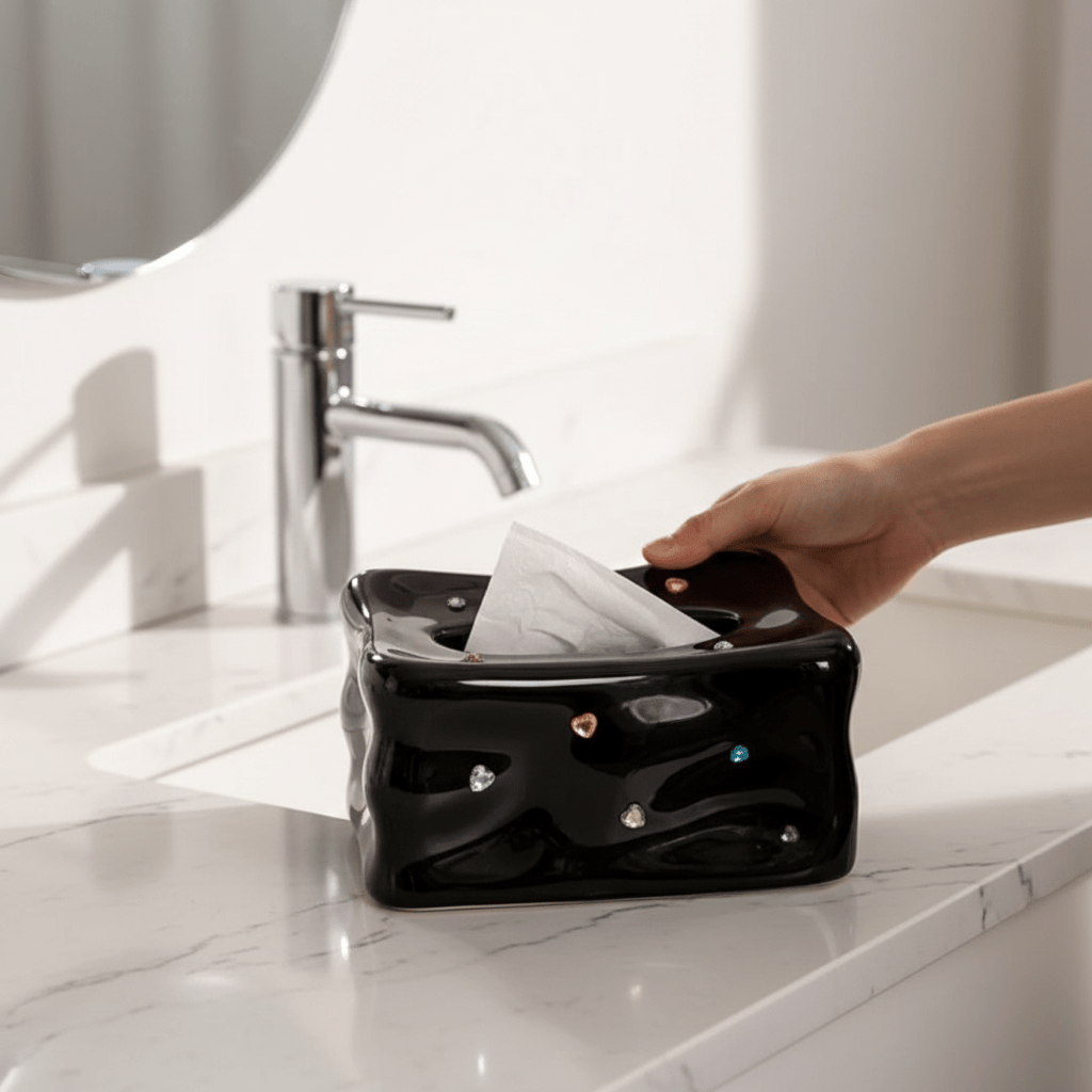 Hom & Ember – Elegant Porcelain Facial Tissue Holder with Gemstone Accent for Chic Bathroom Interiors - Hom & Ember