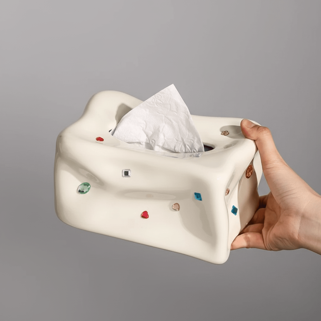 Hom & Ember – Elegant Porcelain Facial Tissue Holder with Gemstone Accent for Chic Bathroom Interiors - Hom & Ember