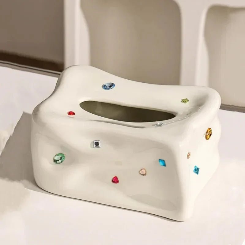 Hom & Ember – Elegant Porcelain Facial Tissue Holder with Gemstone Accent for Chic Bathroom Interiors - Hom & Ember