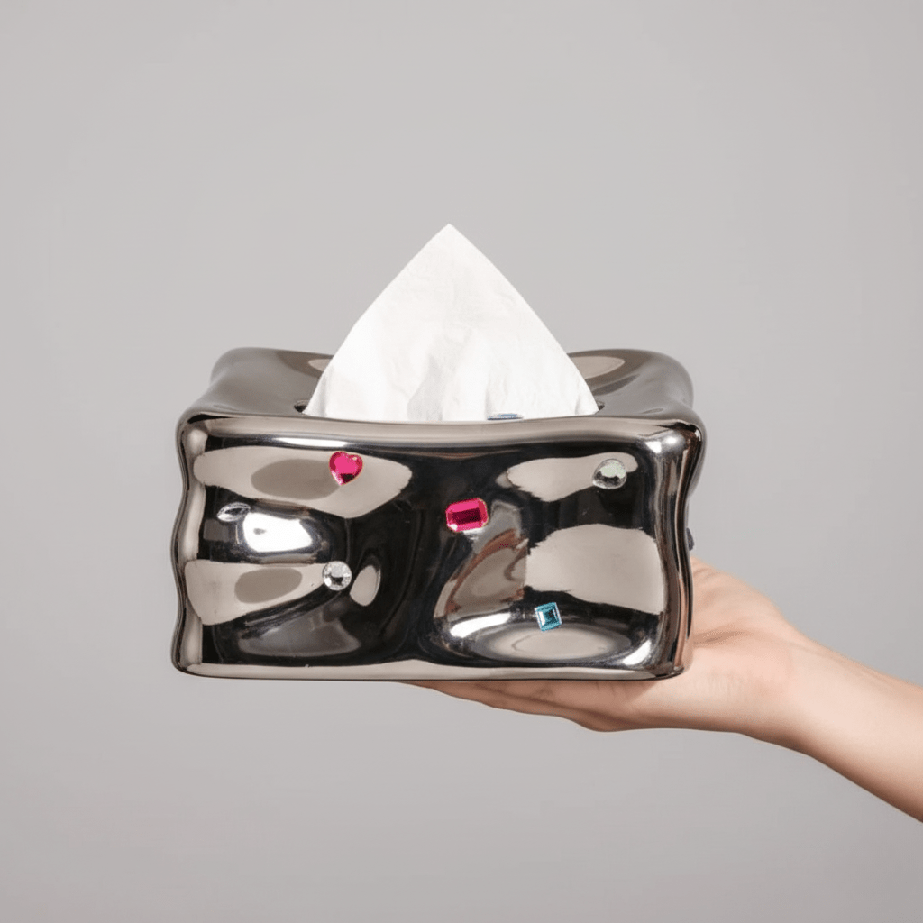 Hom & Ember – Elegant Porcelain Facial Tissue Holder with Gemstone Accent for Chic Bathroom Interiors - Hom & Ember