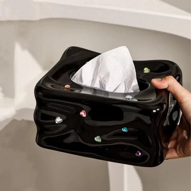 Hom & Ember – Elegant Porcelain Facial Tissue Holder with Gemstone Accent for Chic Bathroom Interiors - Hom & Ember