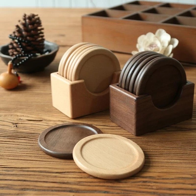 Hom & Ember – Elegant Set of 6 Wooden Coasters in Natural Finish for a Chic and Practical Table Essentials - Hom & Ember