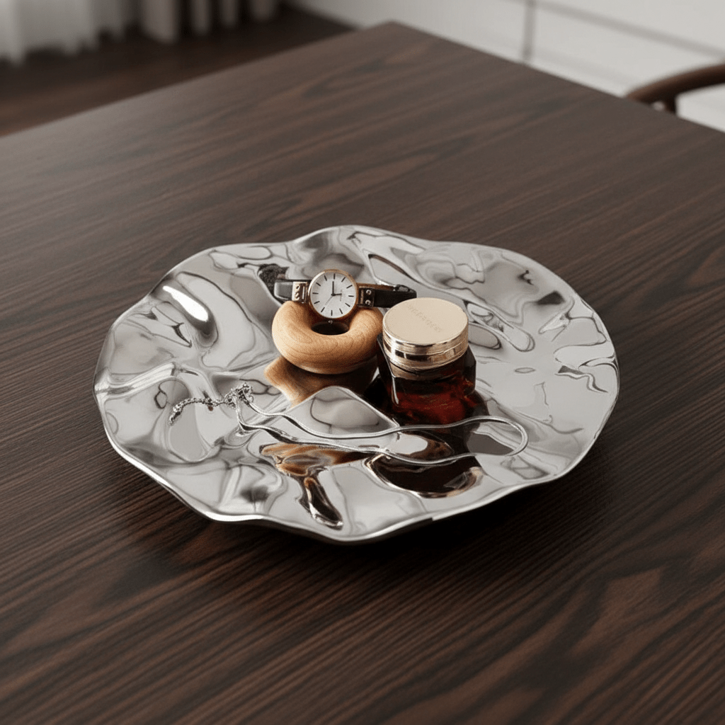 Hom & Ember – Elegant Silver Chrome Decorative Ceramic Tray for a Sophisticated Art Display - Hom & Ember