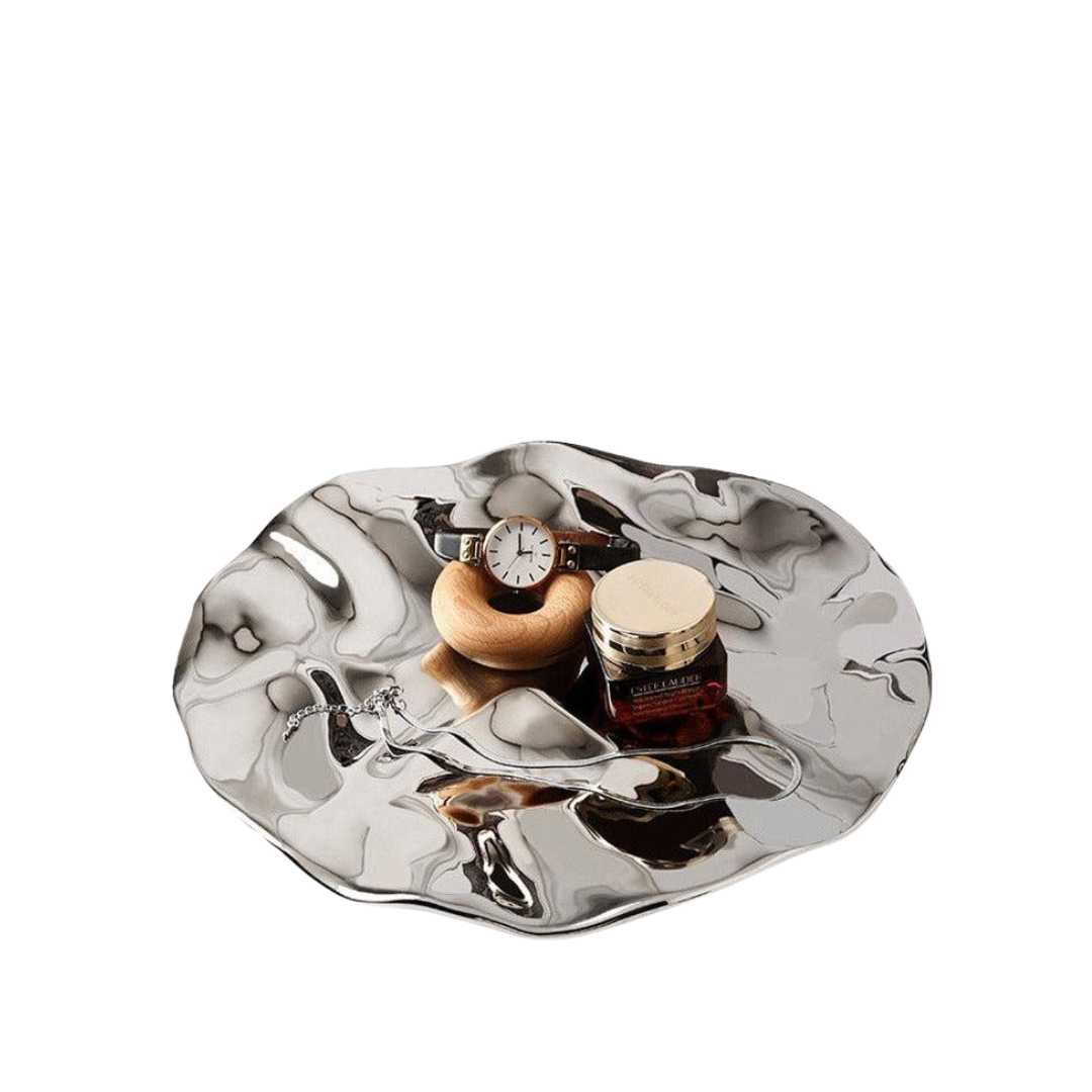 Hom & Ember – Elegant Silver Chrome Decorative Ceramic Tray for a Sophisticated Art Display - Hom & Ember
