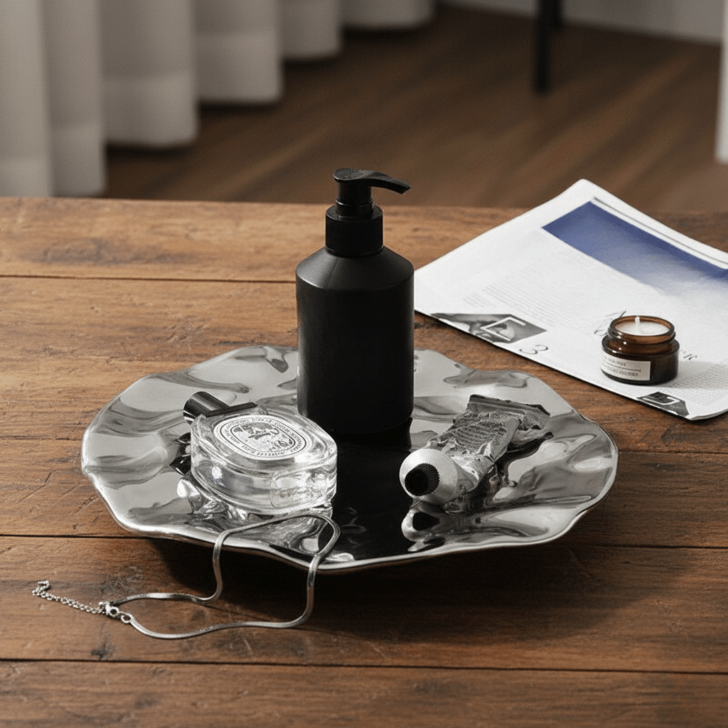 Hom & Ember – Elegant Silver Chrome Decorative Ceramic Tray for a Sophisticated Art Display - Hom & Ember